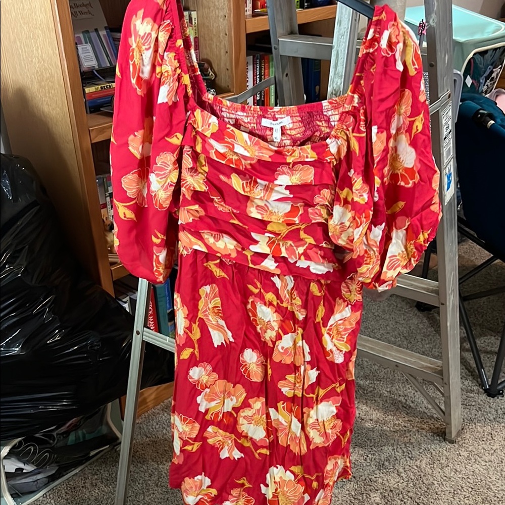 Maurices Red and Gold Ruched Puff Sleeve Sundress XL